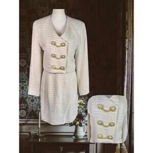 Vintage 90s The Icing Ivory Wool Blend Tweed Blazer Chain Buttons Skirt Suit 10